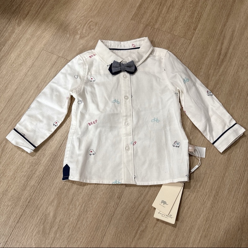 Dave&Bella White Button Down Shirt with Bow Tie 24M NWT